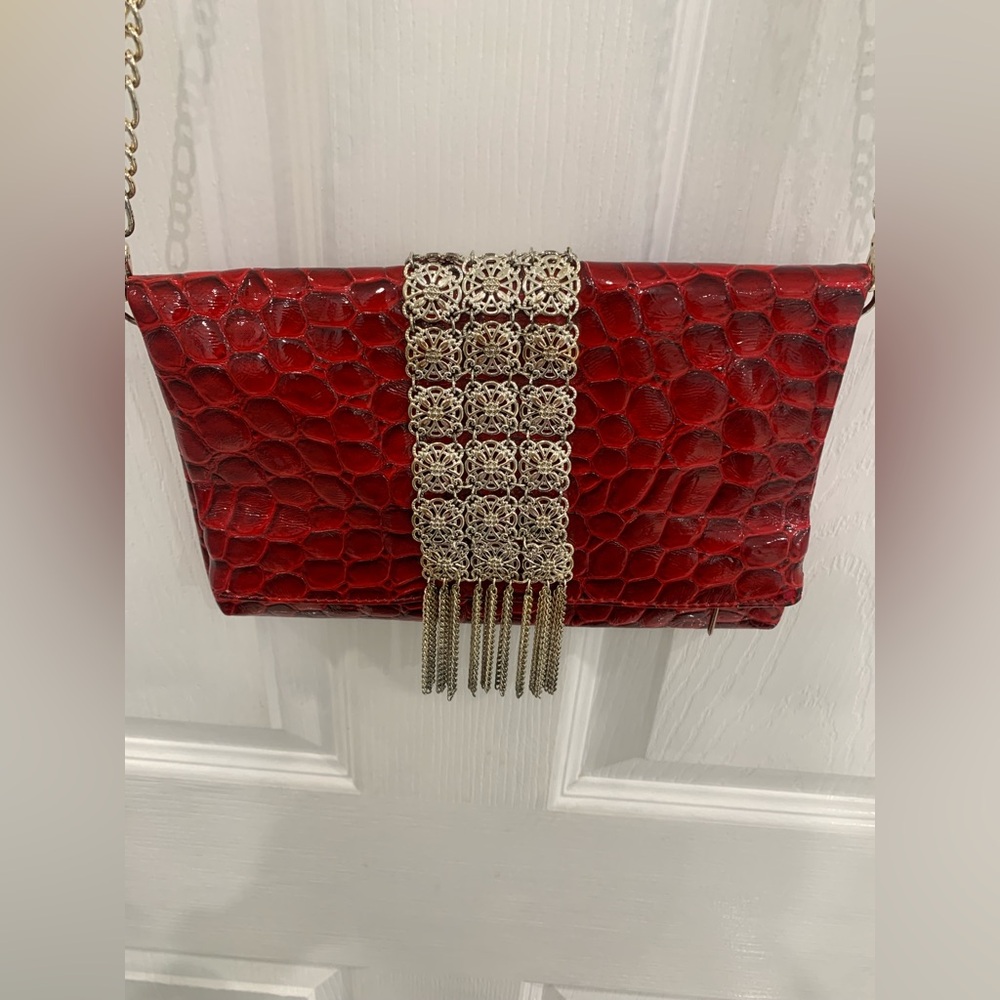 White House black market Red Clutch with Chain & pink bracelets